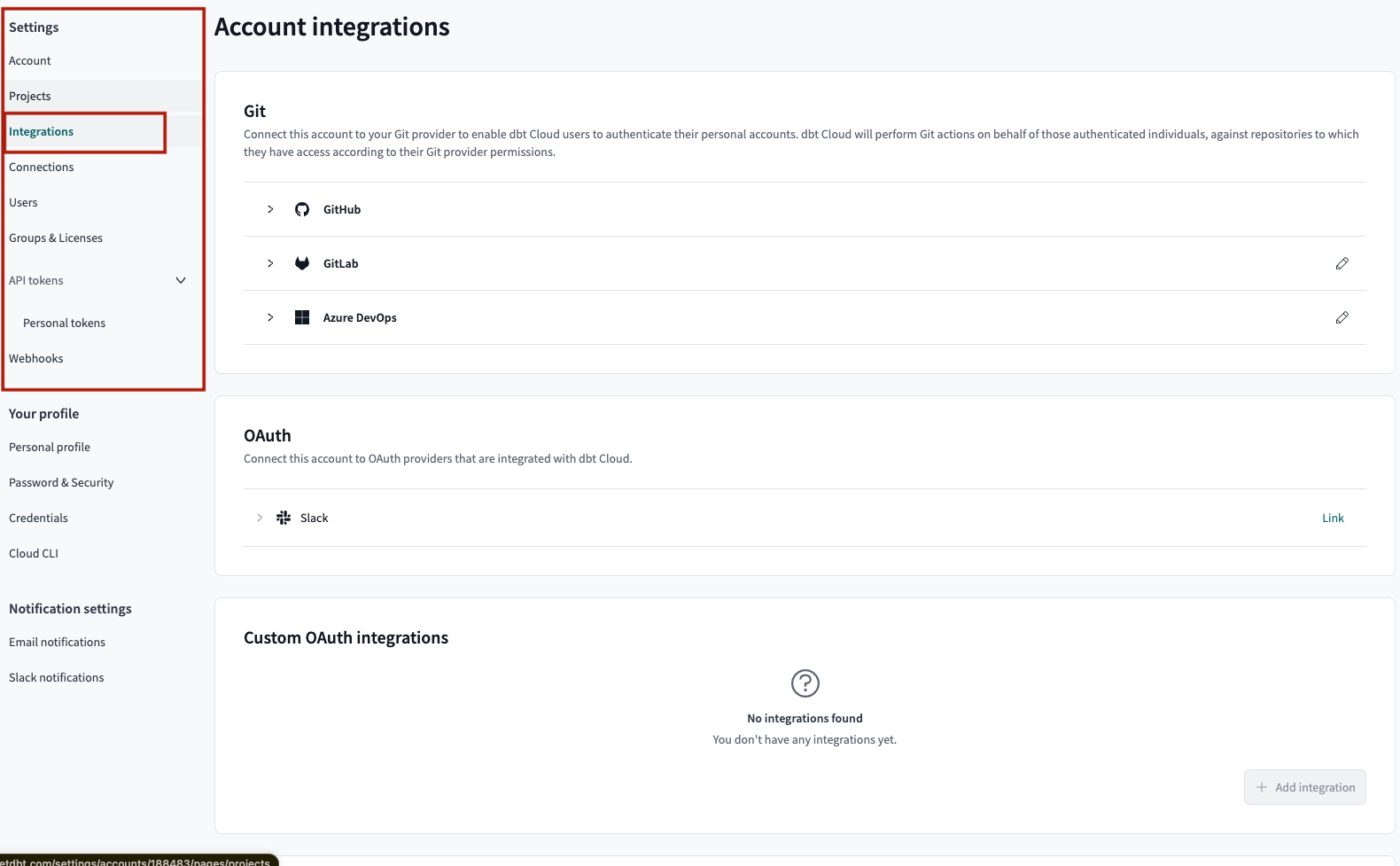 Example of Account integrations from the sidebar